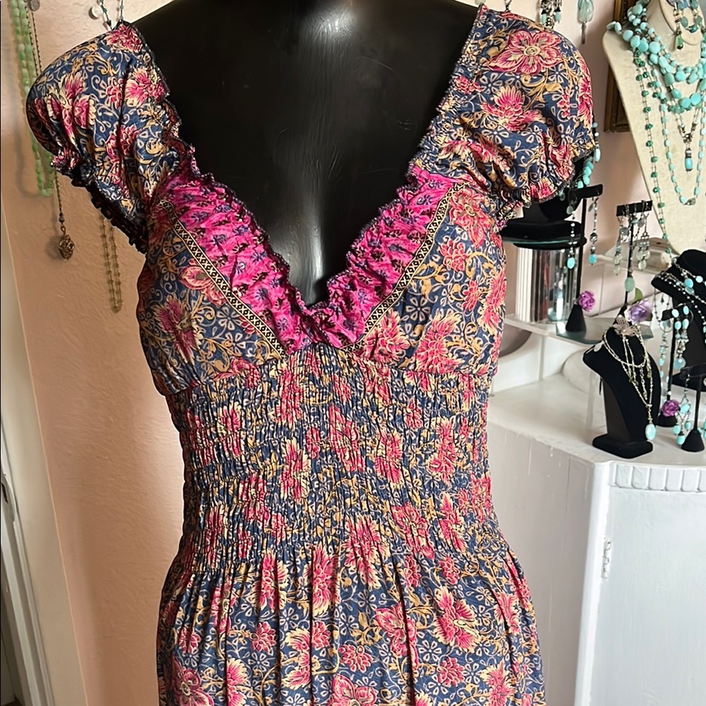 Floral Smocked Dress with Pink Accents